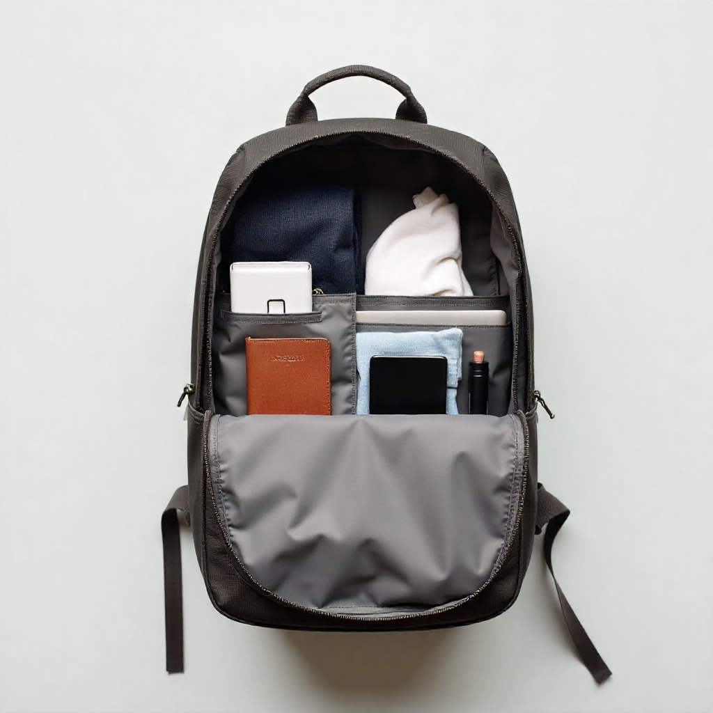 “Sac minimaliste bien organisé pour un voyage pratique et compact”