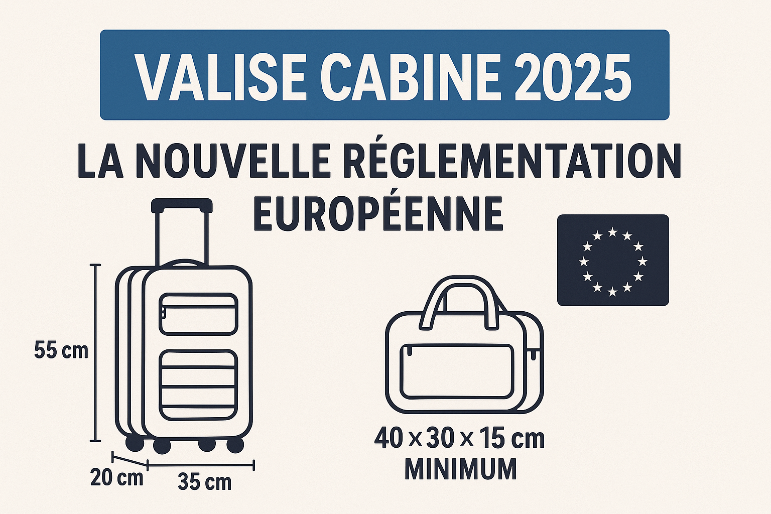 Valise Cabine 2025 : Nouvelle Réglementation et Tailles Officielles – Découvrez les nouvelles dimensions cabine UE, le sac personnel gratuit et les modèles compatibles.