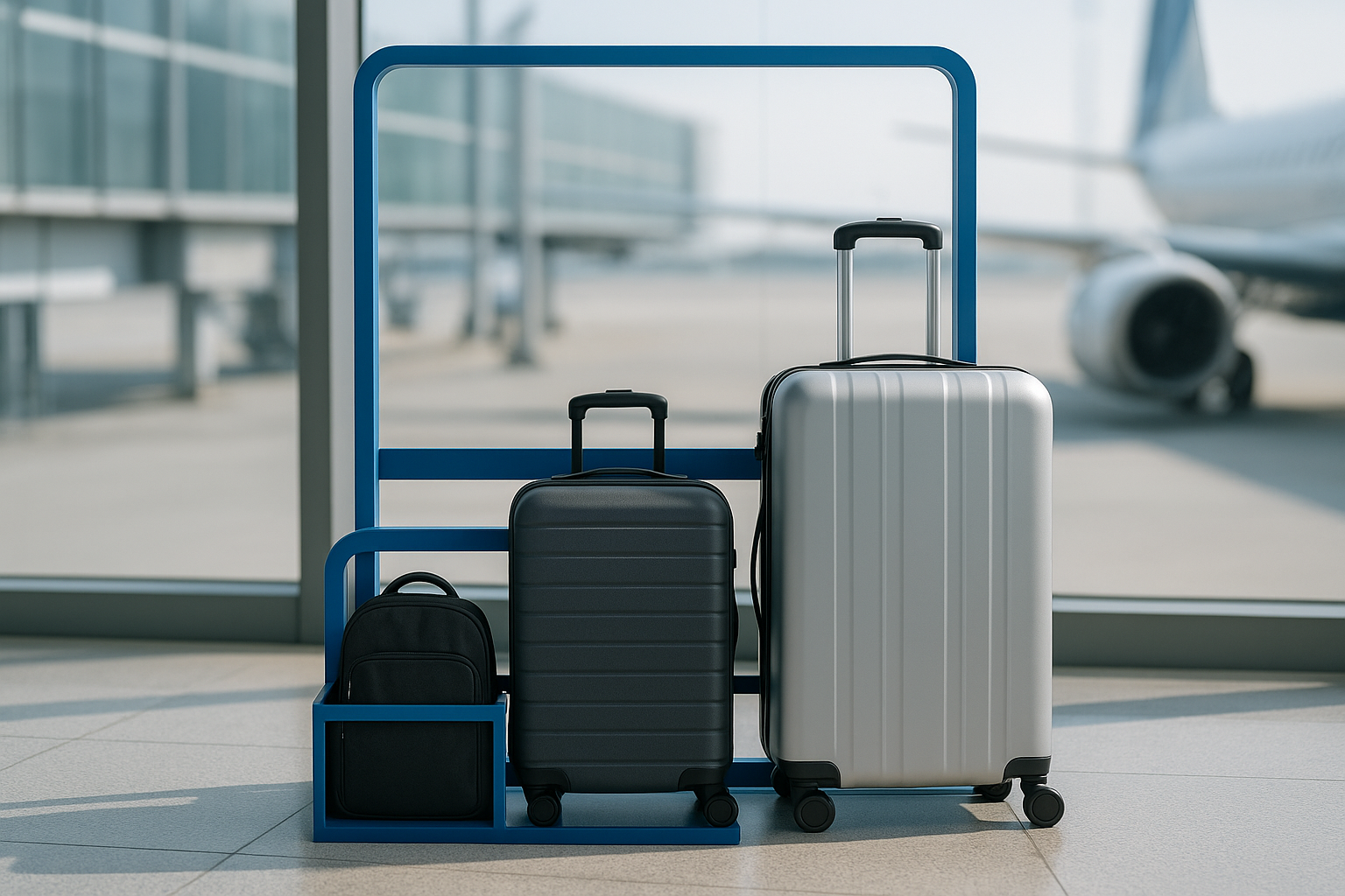 Dimensions bagage cabine 2026 : valises alignées devant un gabarit à l’aéroport