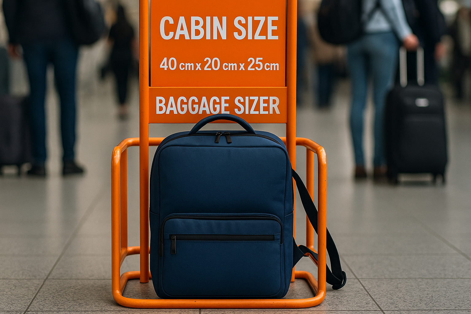 Sac sous le siège devant un gabarit bagage cabine dans un aéroport