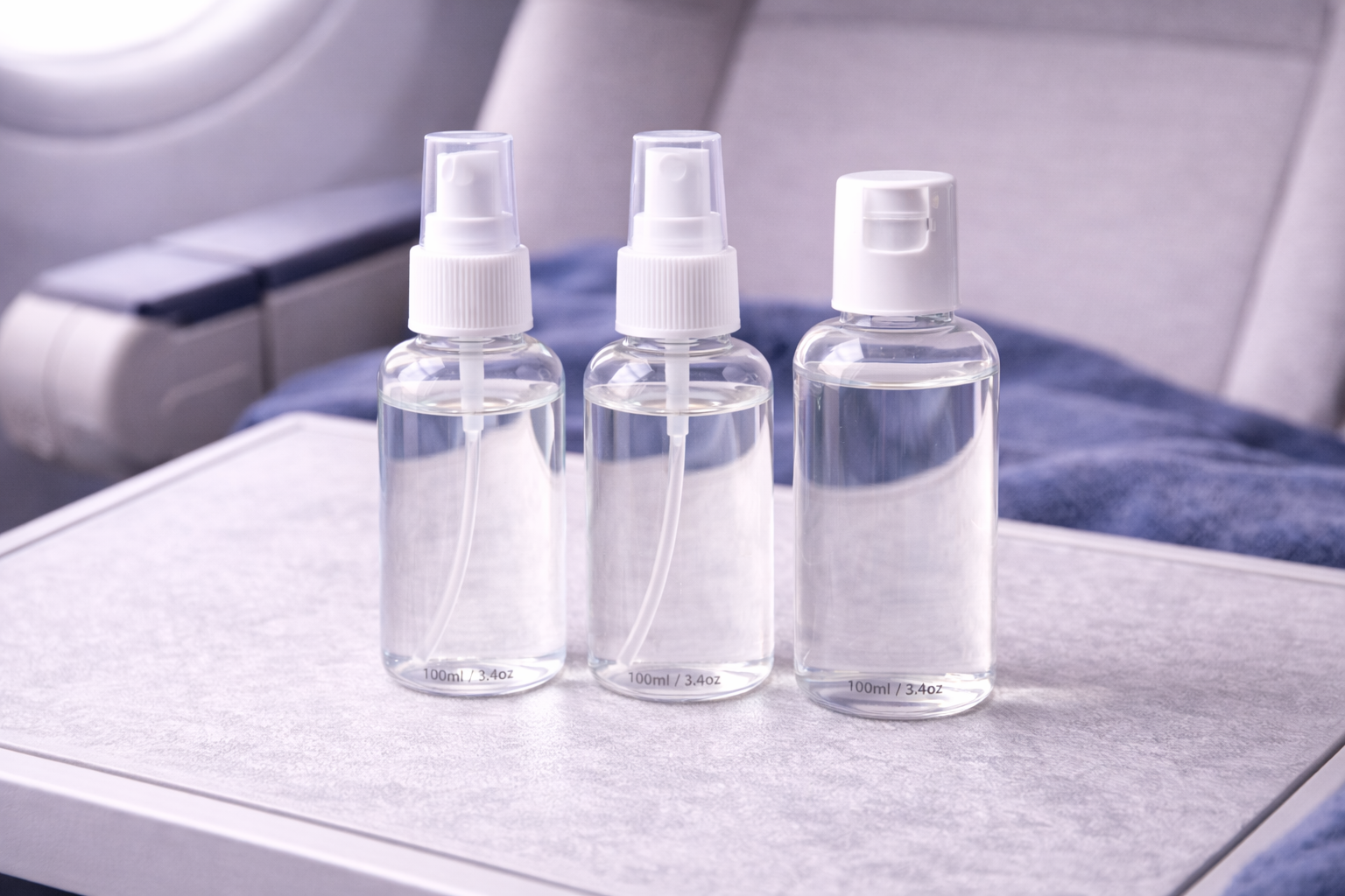 Flacons 100 ml en plastique transparent pour cabine avion