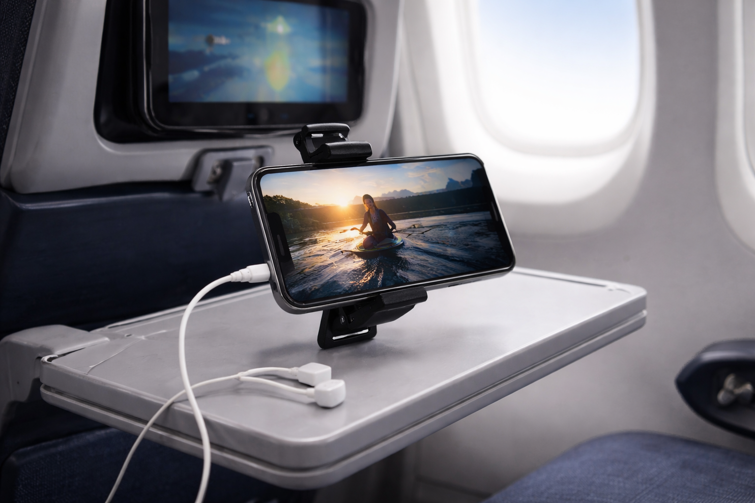 Support téléphone de voyage fixé sur tablette d’avion