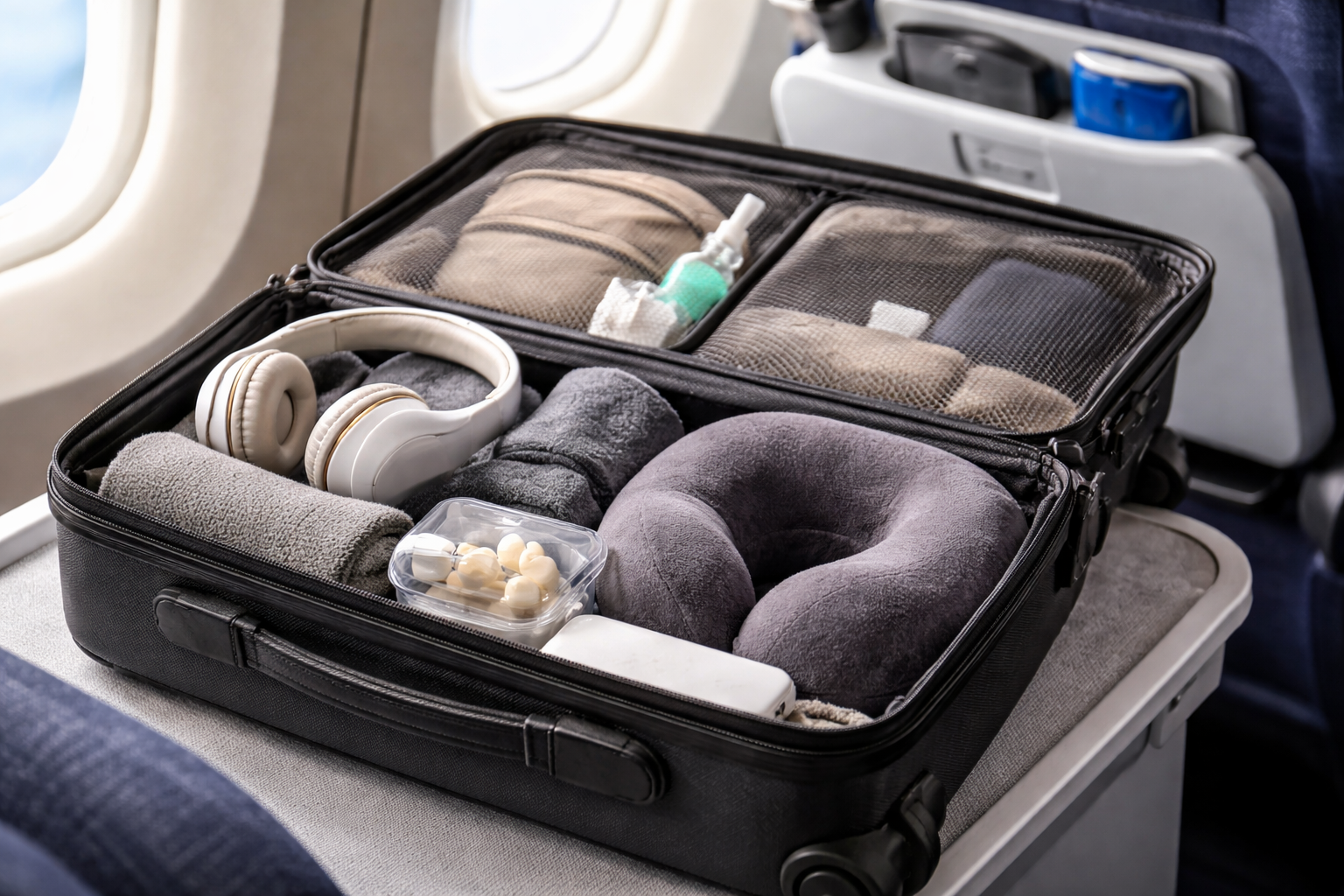 Préparer un bagage cabine pour vol long-courrier avec accessoires essentiels en avion