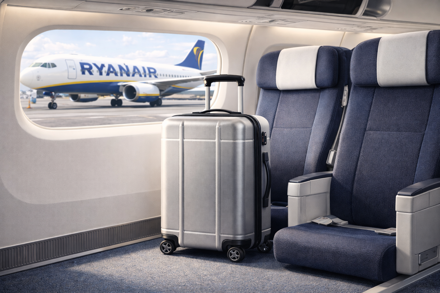 Valise cabine format 55x40x20 placée dans une cabine d’avion avec compartiment supérieur