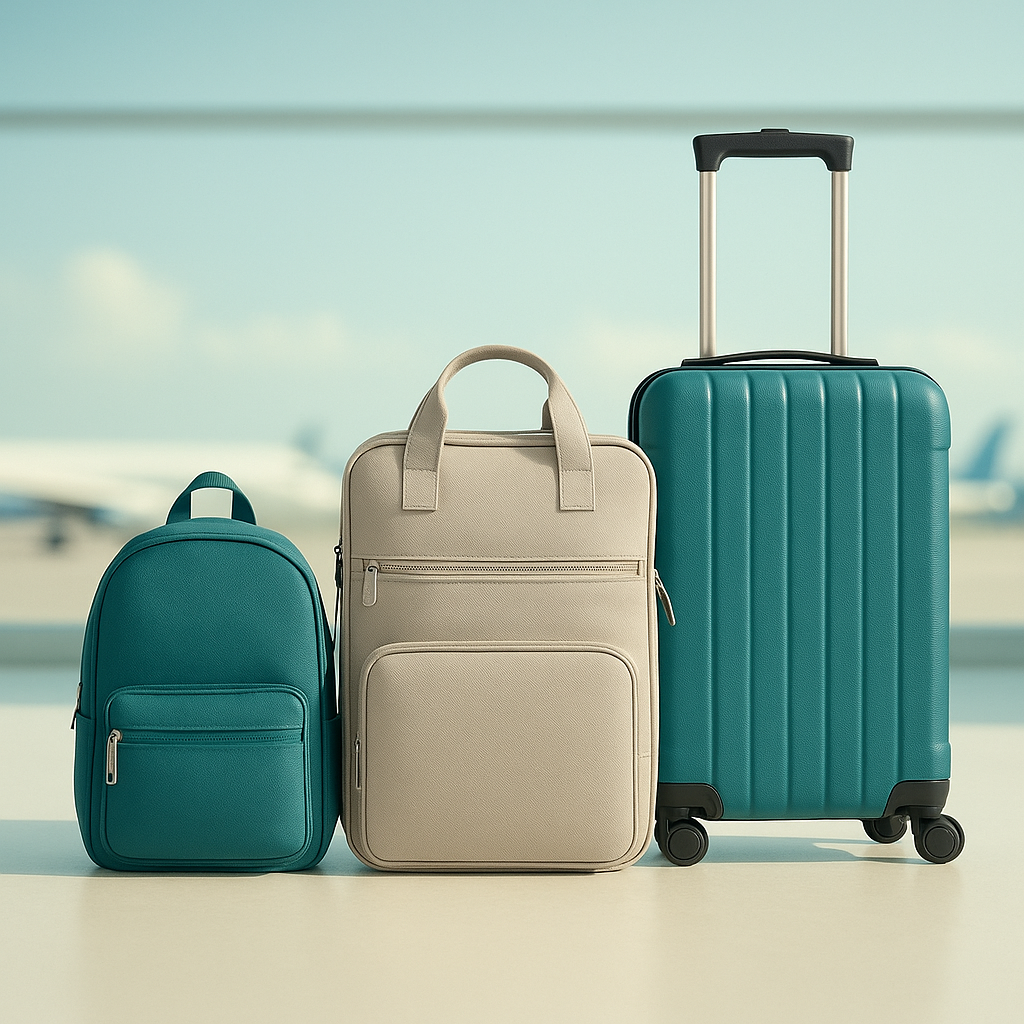 Trois bagages cabine de tailles différentes alignés en studio