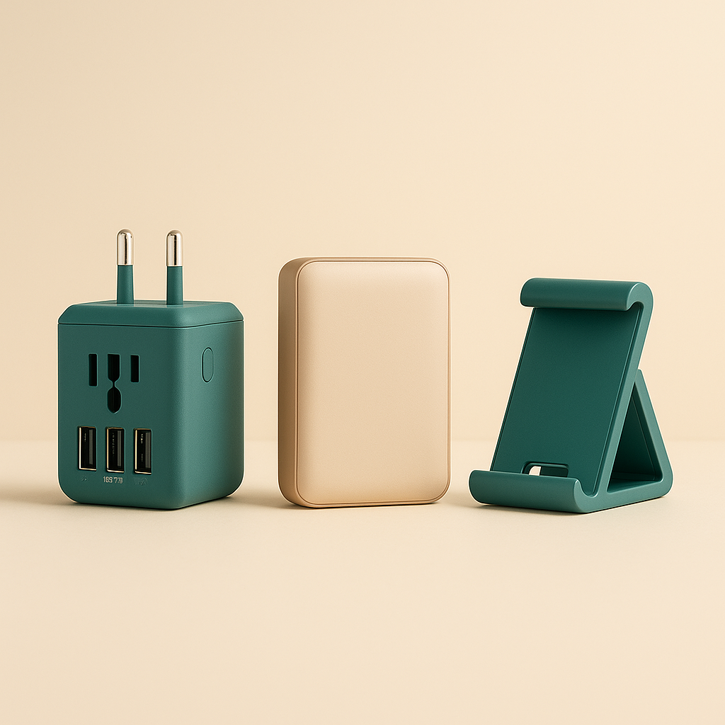 Adaptateur universel, powerbank et support smartphone sur une table de voyage