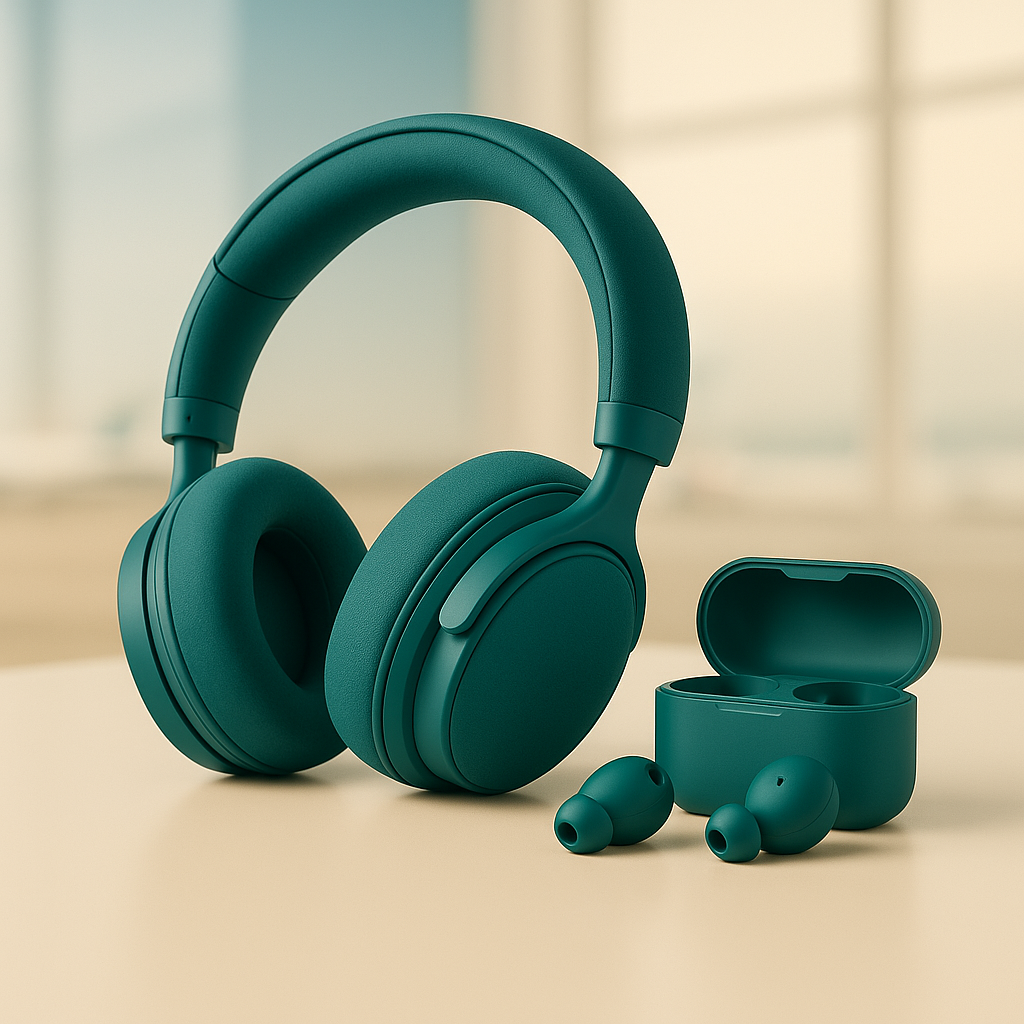 Casque anti-bruit et écouteurs sans fil posés sur un fond bleu