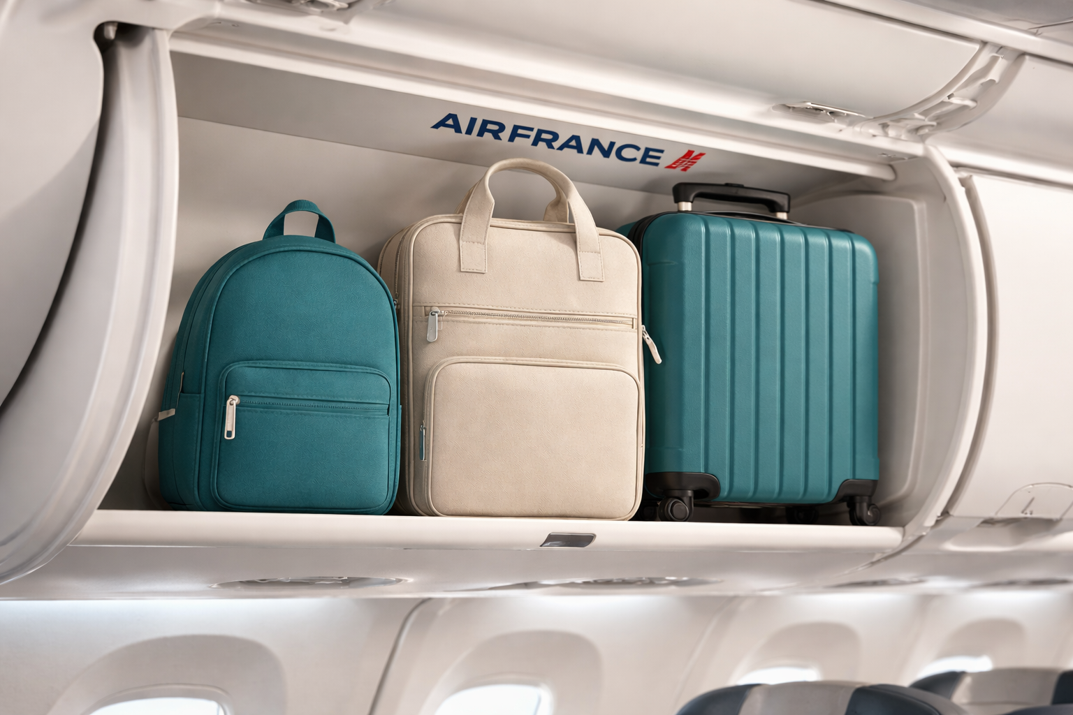 Valise cabine Air France 2026 placée dans une cabine d’avion avec compartiment supérieur