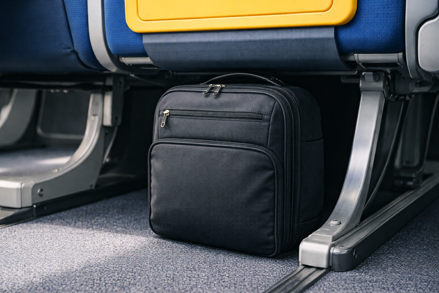 Sac à dos minimaliste placé sous un siège d’avion Ryanair, compatible 40x20x25