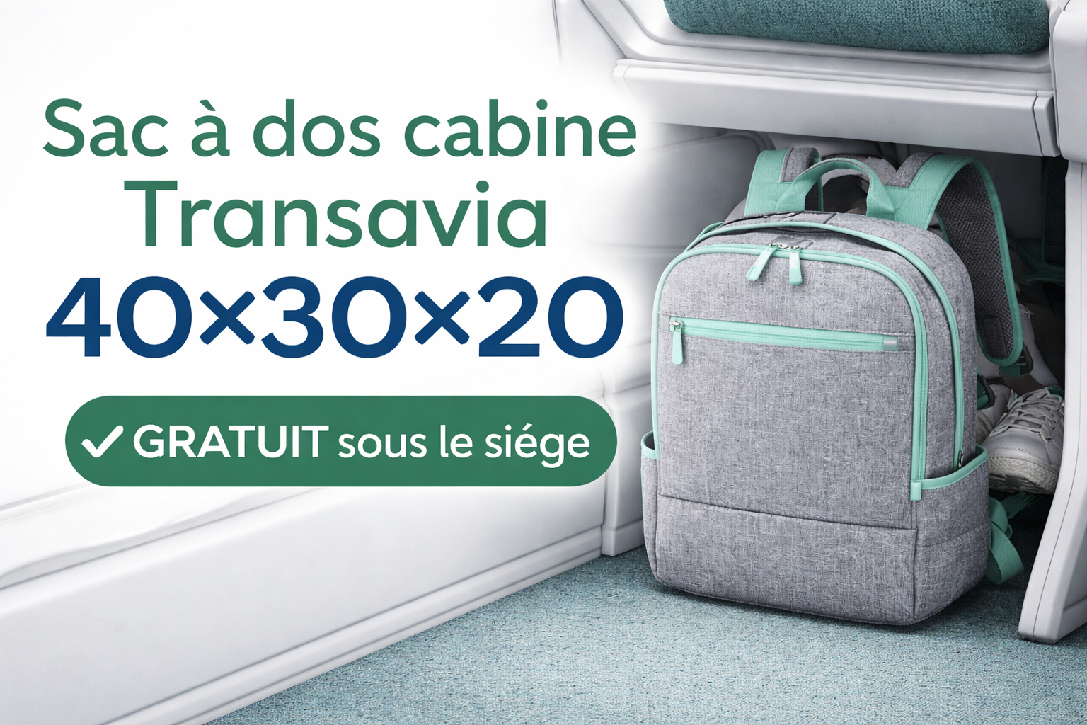 Sac à dos cabine Transavia 40×30×20 rangé sous le siège en cabine avion en 2026