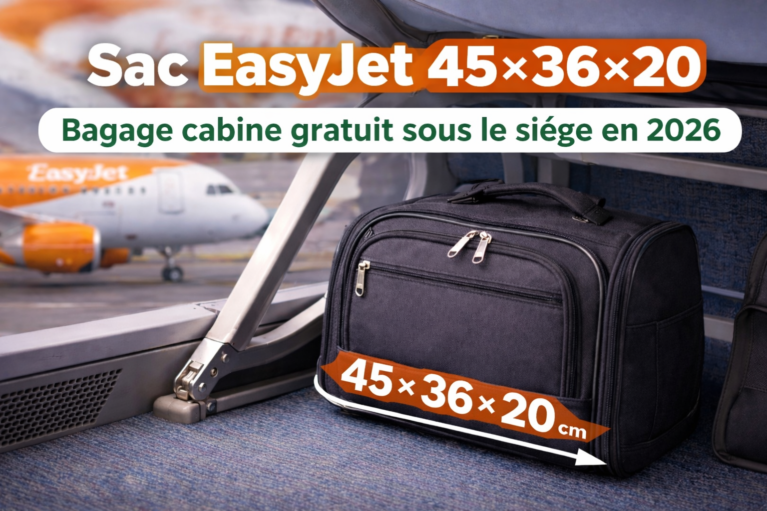 Sac EasyJet 45×36×20 rangé sous le siège en cabine avion en 2026