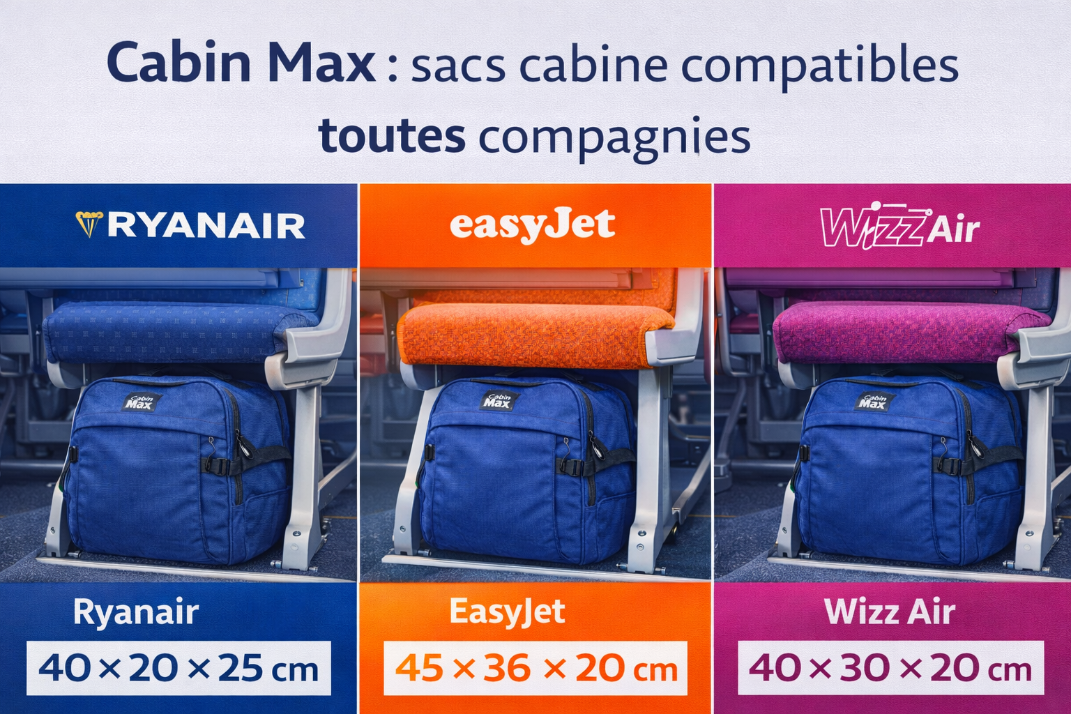 Cabin Max sacs cabine compatibles Ryanair EasyJet et Wizz Air placés sous les sièges avec dimensions autorisées
