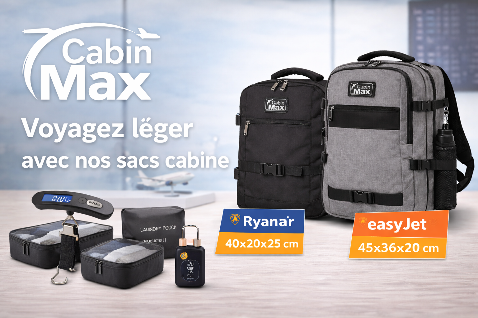 Bagages cabine alignés dans un studio inspiré d’un aéroport