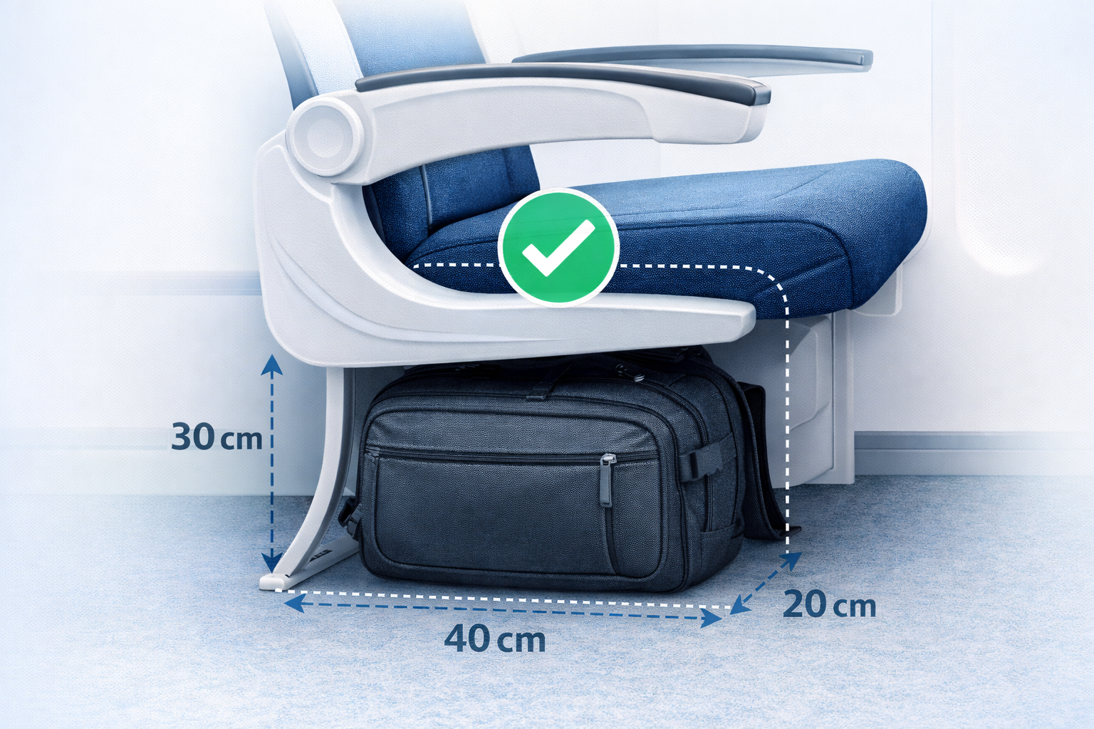 schema dimensions sac cabine avion sous siege 40x30x20