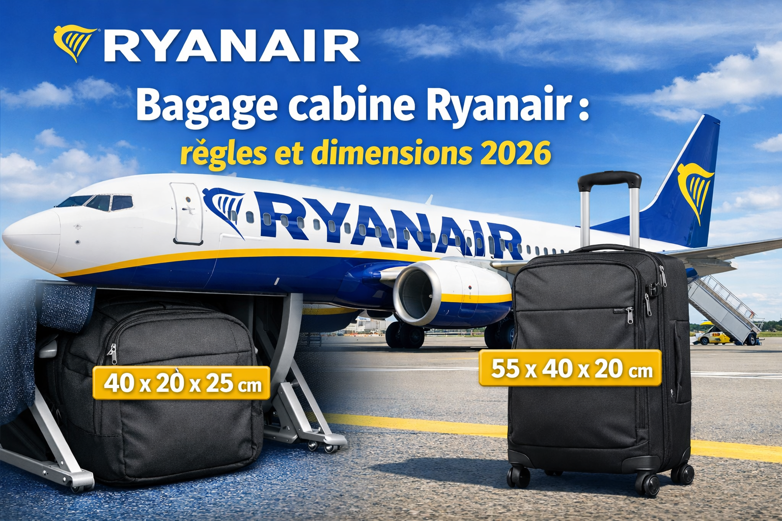 bagage cabine Ryanair dimensions 40x20x25 et 55x40x20 avion