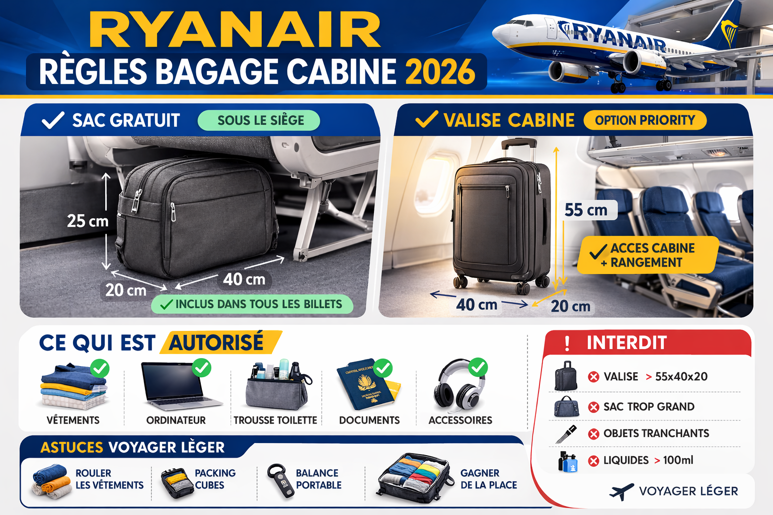 schema dimensions bagage cabine Ryanair 40x20x25 sac sous siege et valise cabine 55x40x20 priority