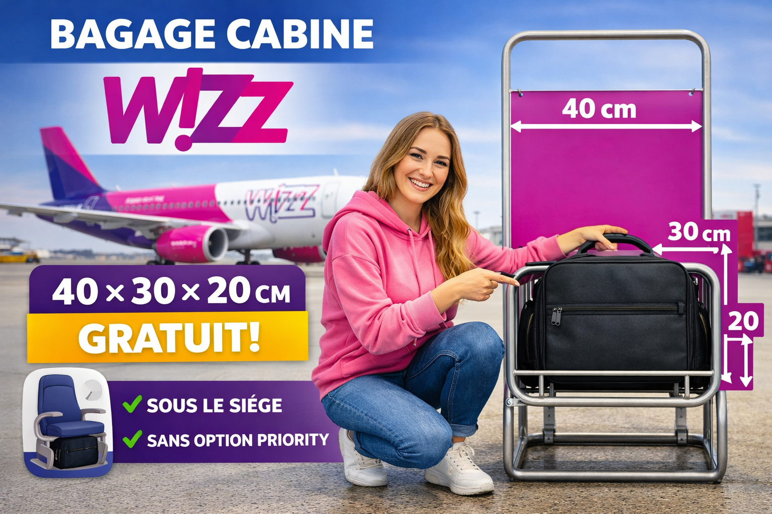bagage cabine wizz air 40x30x20 gratuit