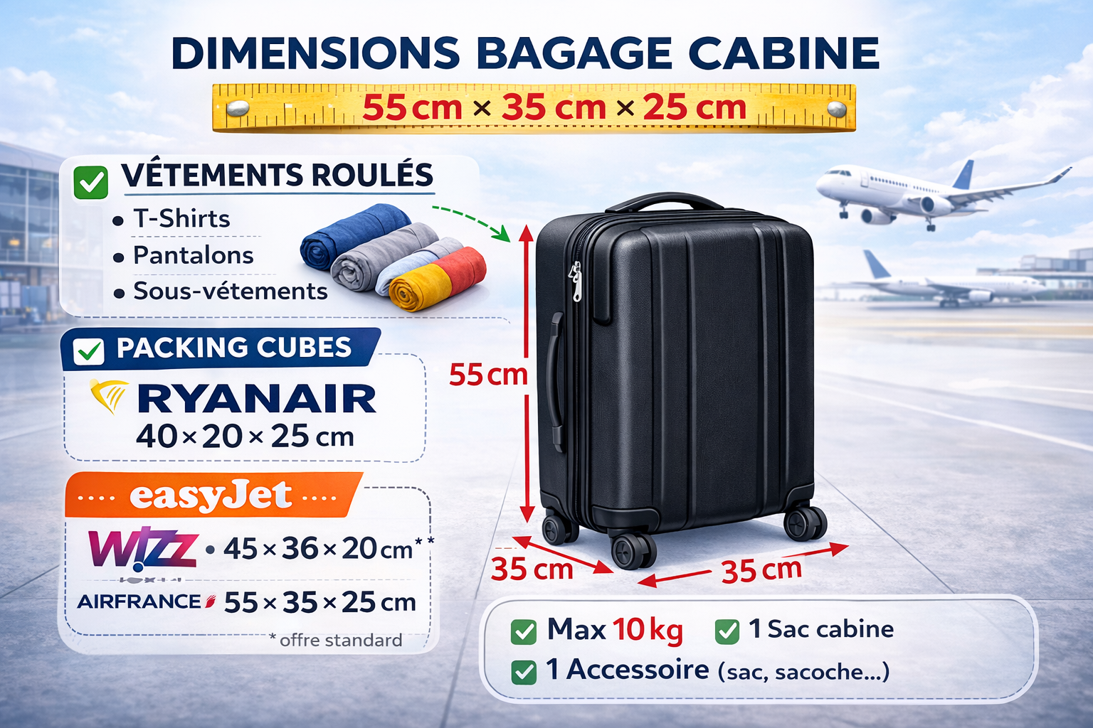 Dimensions bagage cabine avion 55x35x25