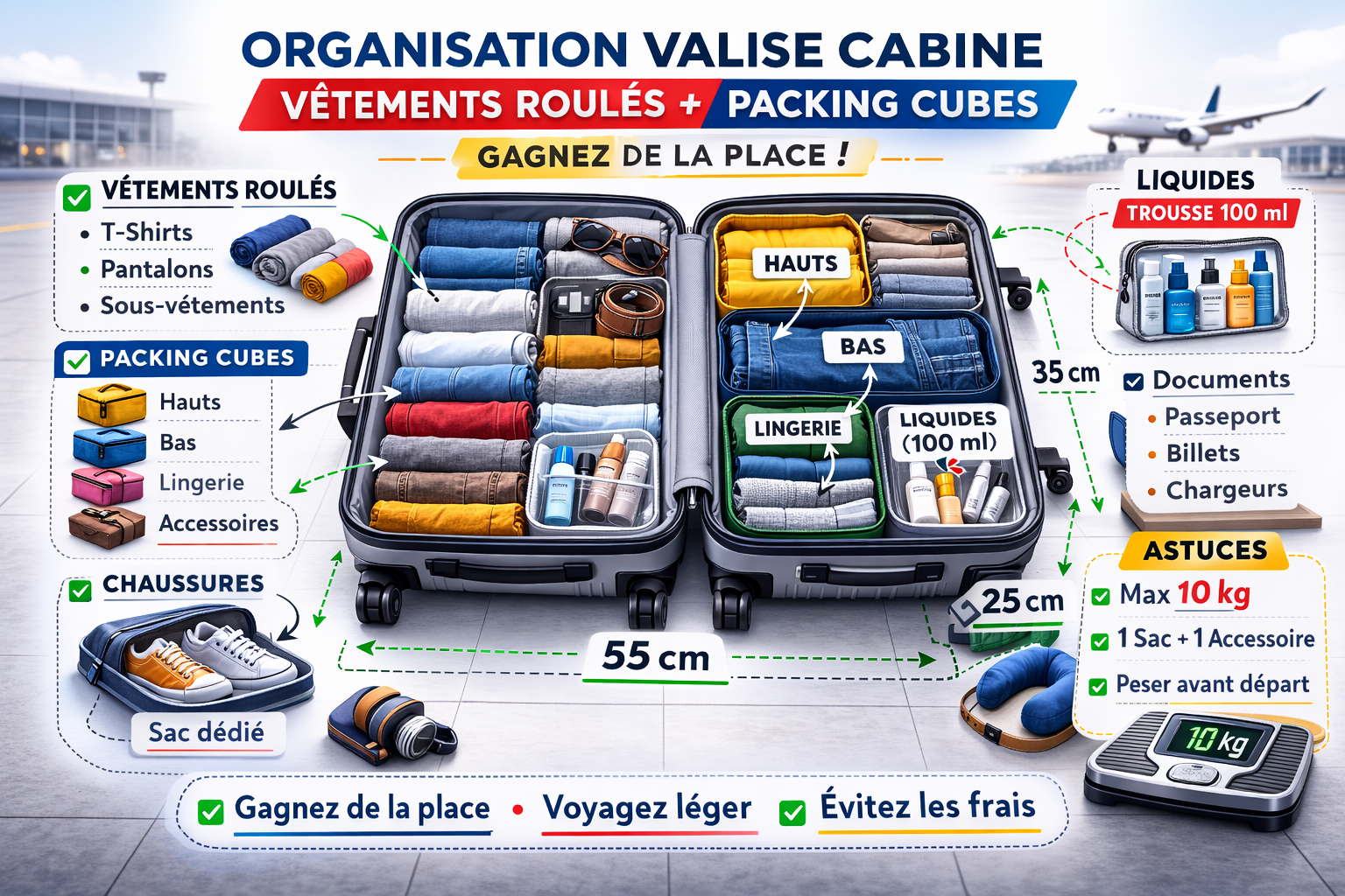 Organisation valise cabine vêtements roulés packing cubes