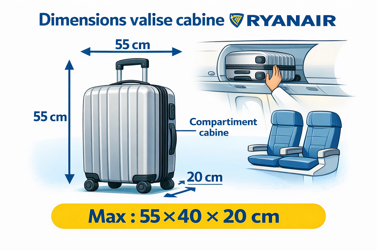 Schéma dimensions valise cabine Ryanair 55x40x20 compartiment cabine