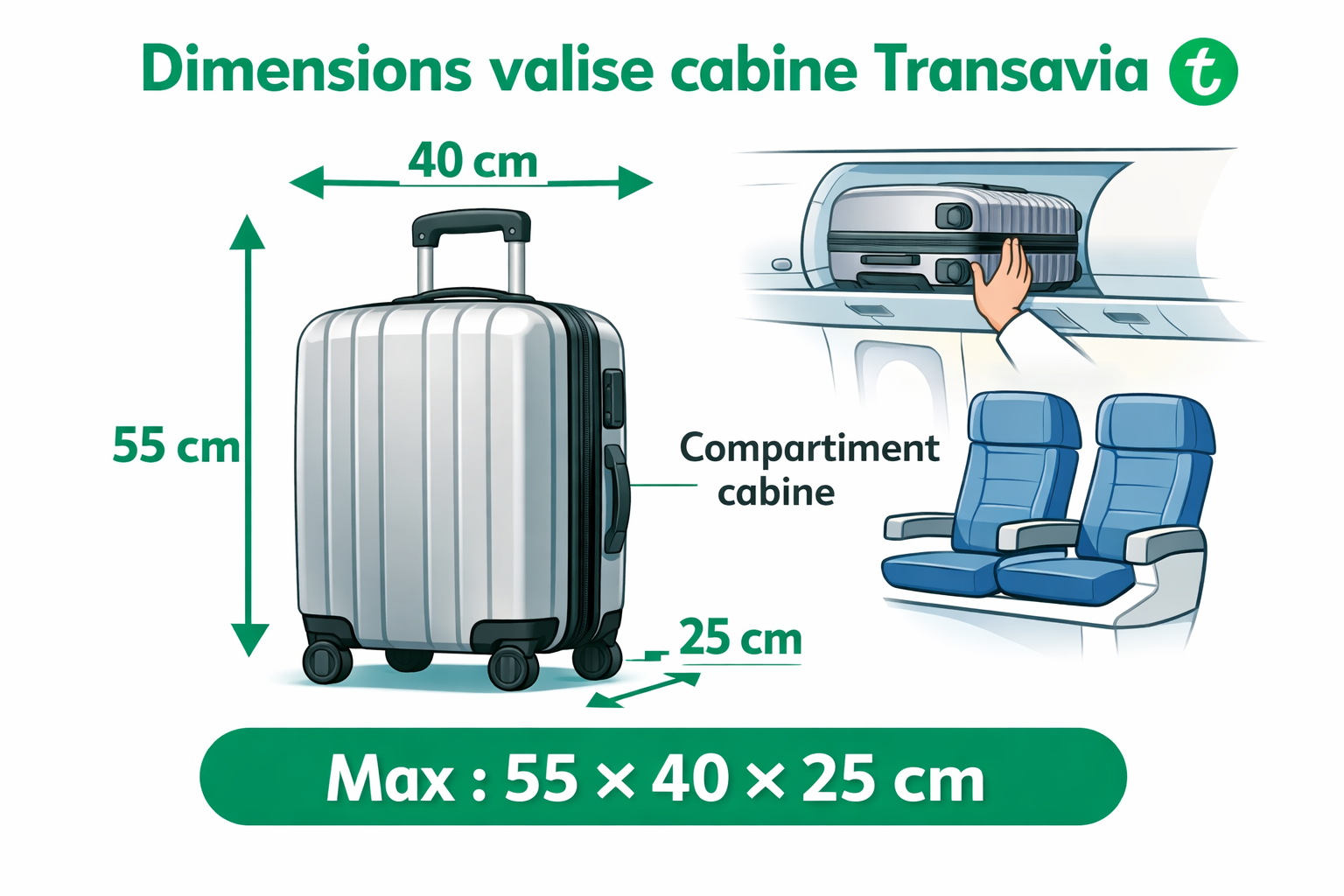 Schéma dimensions valise cabine Transavia 55x40x25