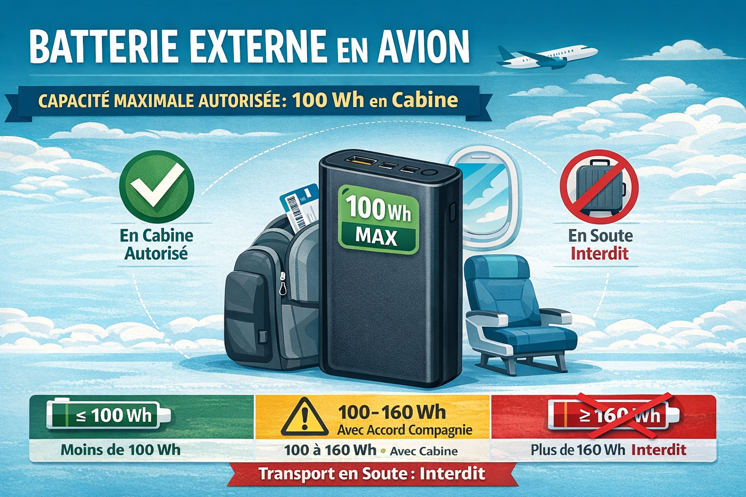 schéma batterie externe avion capacité 100Wh autorisée cabine