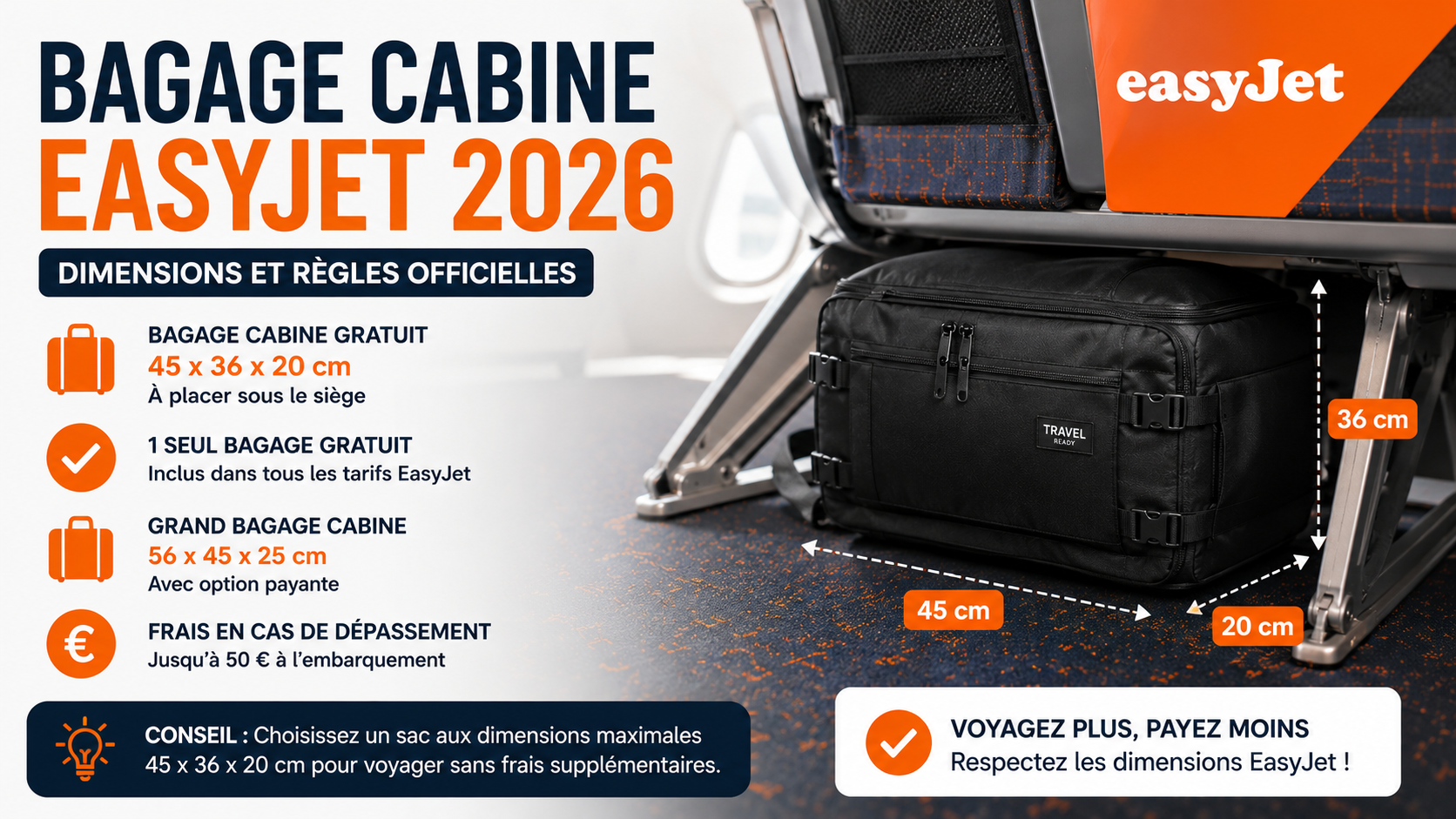 Bagage cabine EasyJet 2026 dimensions 45x36x20