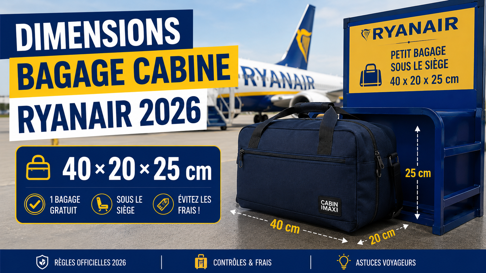 Dimensions bagage cabine Ryanair 2026 taille officielle 40x20x25 cm