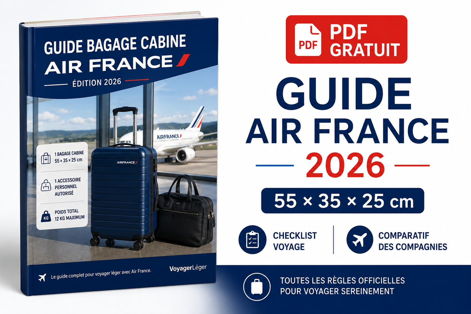 Guide PDF Air France 2026 gratuit avec dimensions bagage cabine 55 x 35 x 25 cm checklist voyage et comparatif compagnies aériennes
