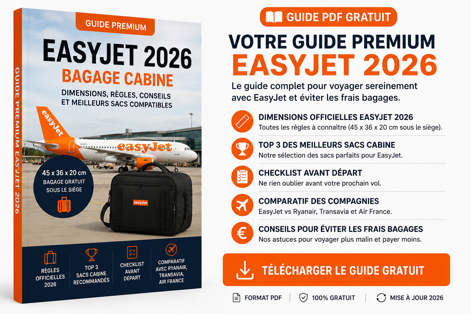 Guide PDF EasyJet 2026 gratuit avec dimensions bagage cabine 45 x 36 x 20 cm checklist voyage et comparatif compagnies aériennes