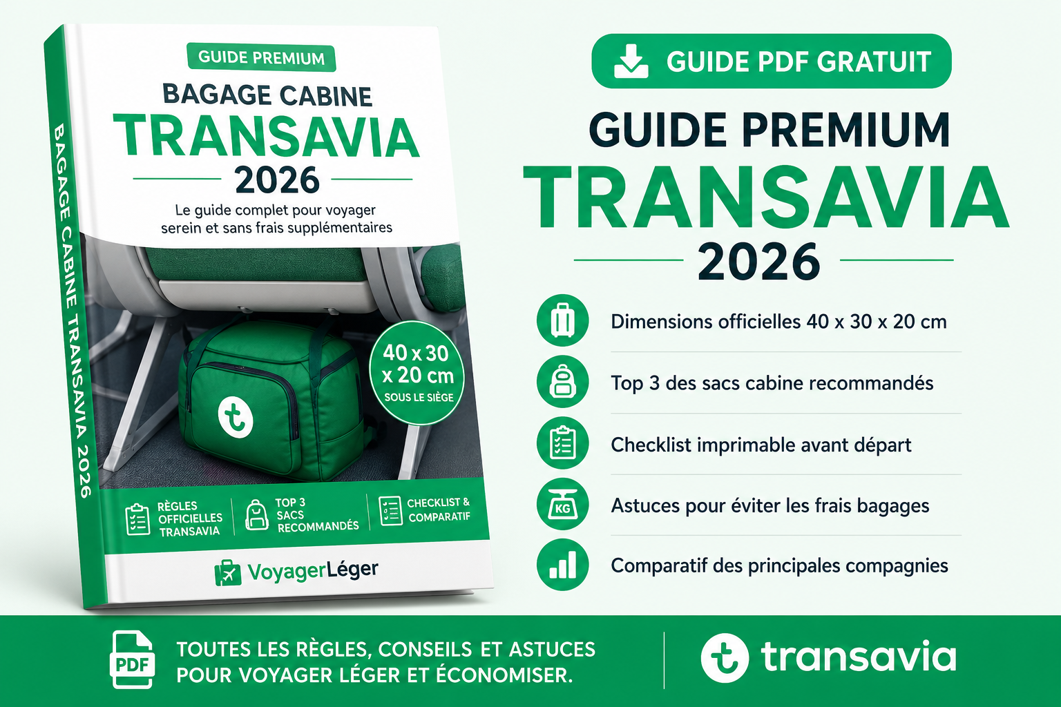 Guide PDF Transavia 2026 gratuit avec dimensions bagage cabine 40 x 30 x 20 cm checklist voyage et comparatif compagnies aériennes