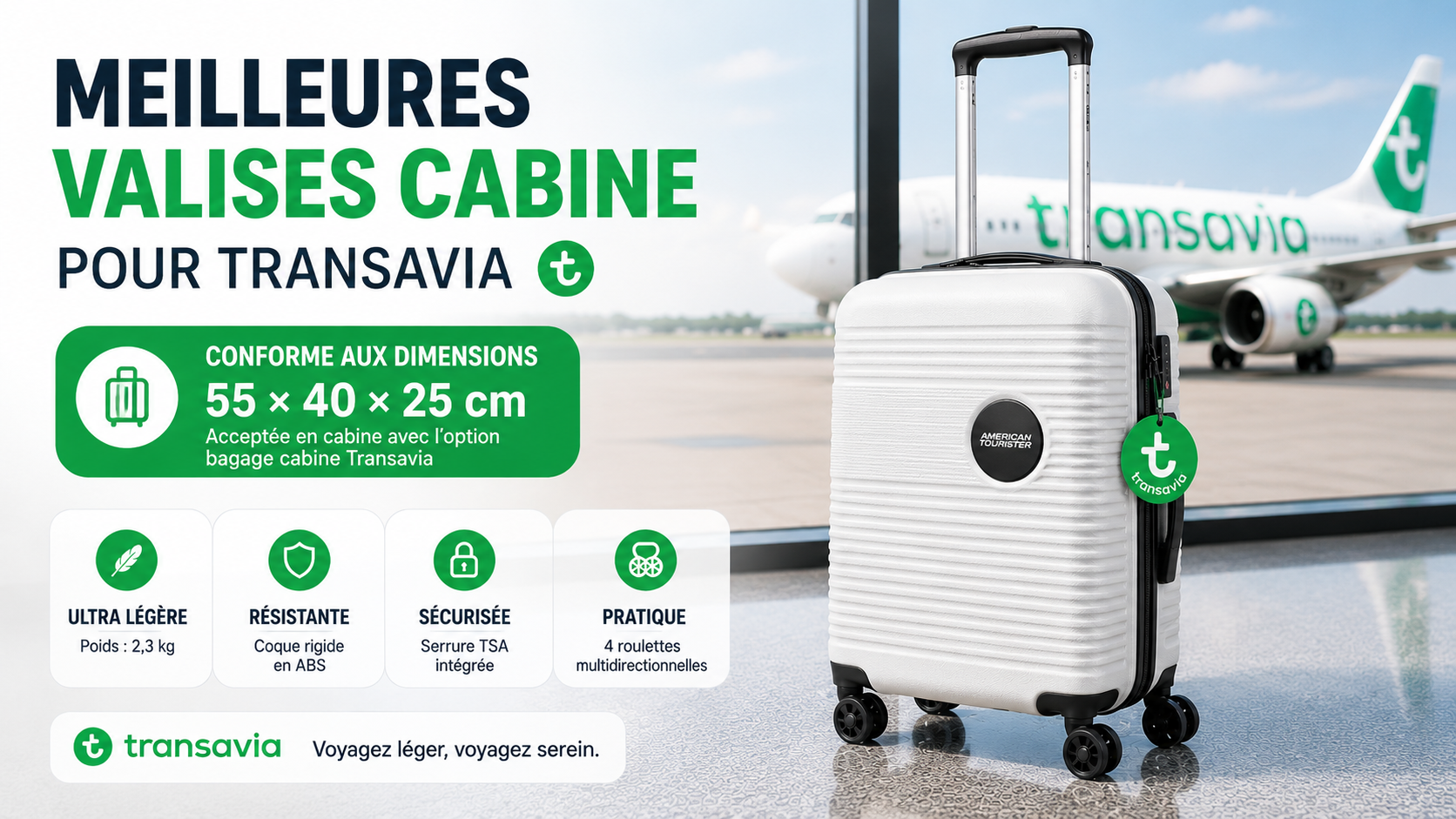 Valise cabine Transavia 55x40x25 dans compartiment cabine avion