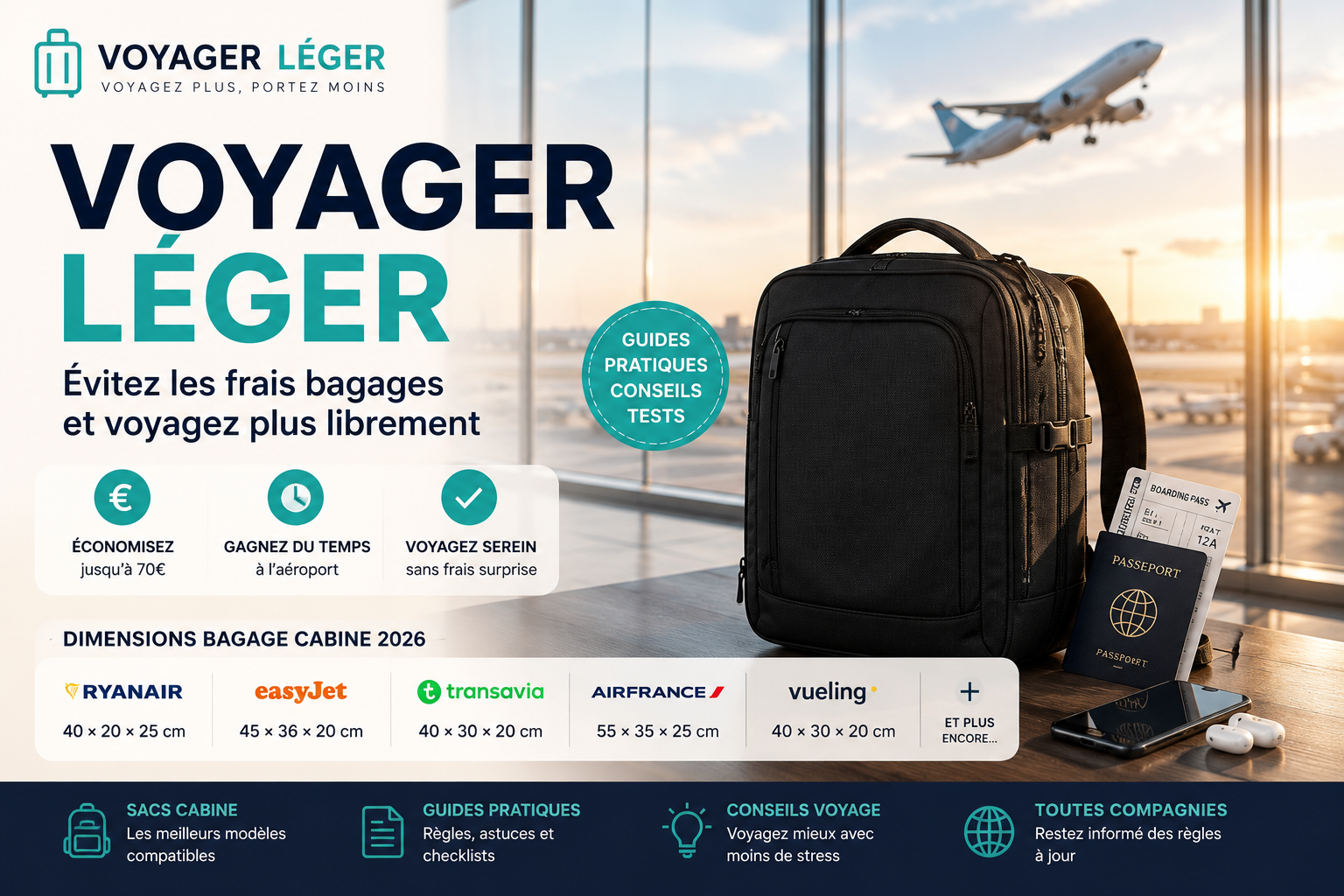 Voyager Léger guide du bagage cabine 2026 avec dimensions Ryanair EasyJet Transavia et Air France
