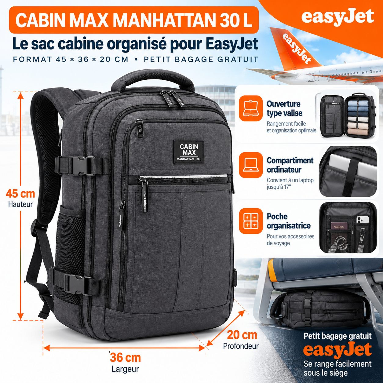 Cabin Max Manhattan 30 L sac cabine EasyJet 45 x 36 x 20 cm