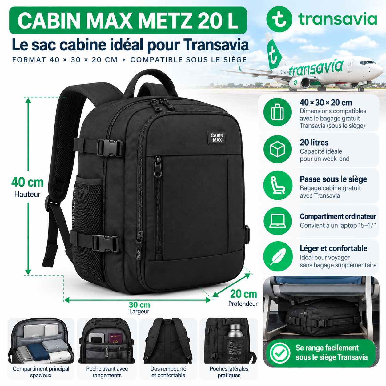 Cabin Max Metz 20 L sac cabine Transavia 40 × 30 × 20 cm