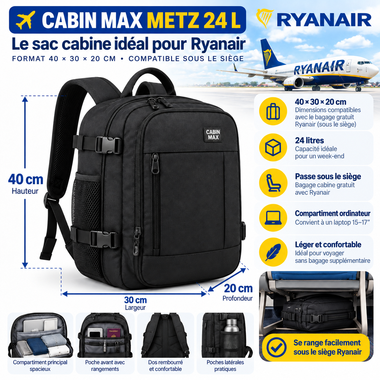 Cabin Max Metz sac cabine Ryanair 2026 au format 40 × 30 × 20 cm