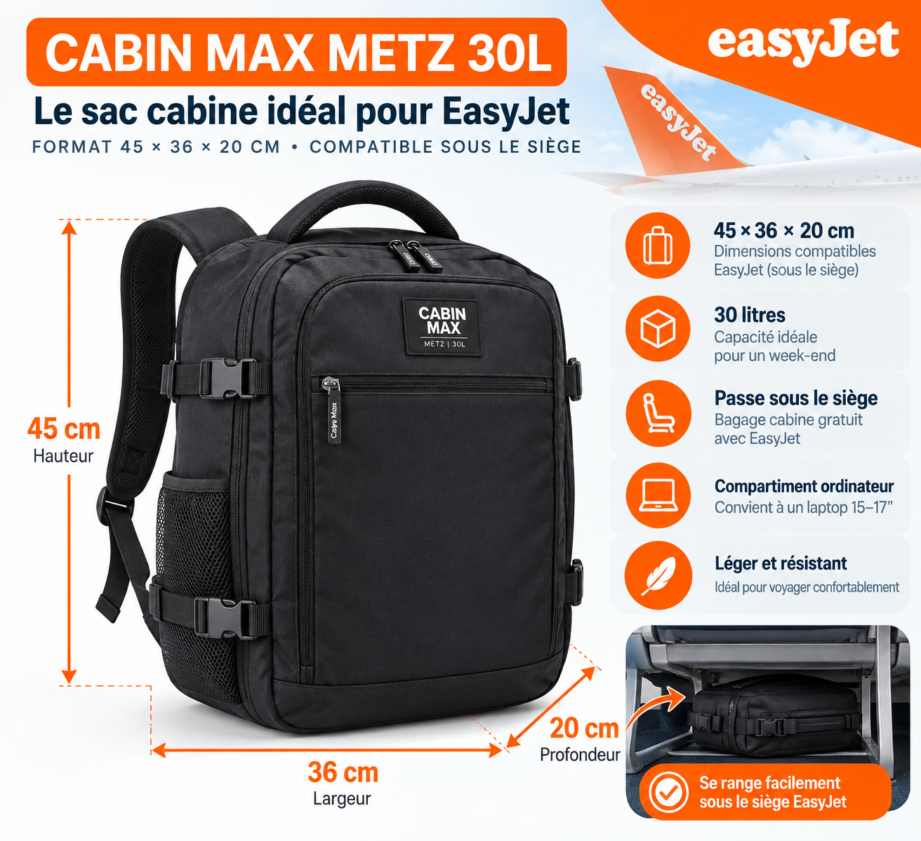 Cabin Max Metz 30 L sac cabine EasyJet 45 x 36 x 20 cm