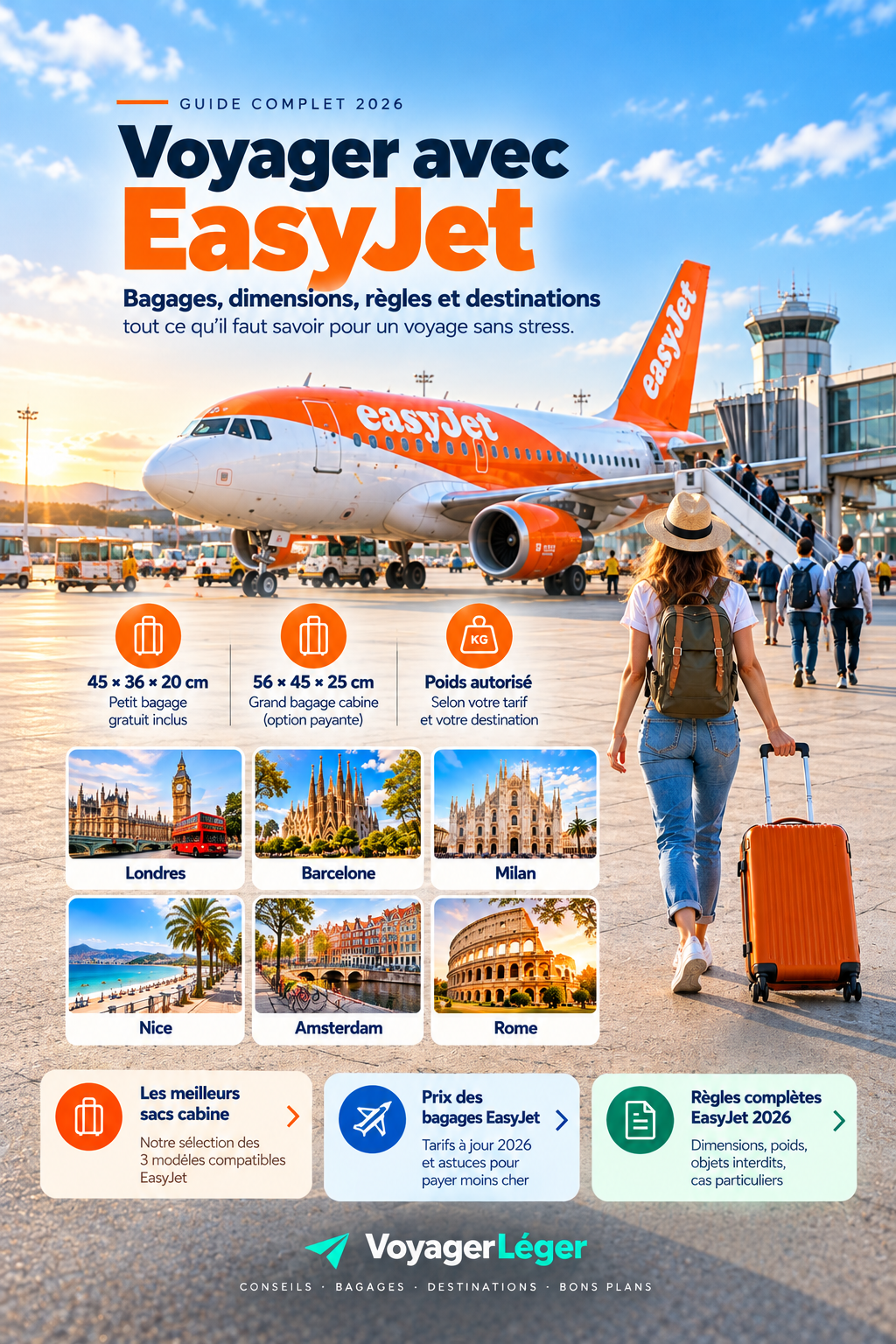 Guide VoyagerLéger EasyJet 2026 : dimensions des bagages cabine, poids autorisé et destinations Londres, Lisbonne et Rome