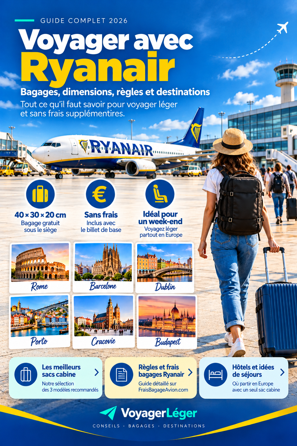 Guide VoyagerLéger Ryanair 2026 : bagage gratuit 40 × 30 × 20 cm, valise cabine 55 × 40 × 20 cm et destinations européennes