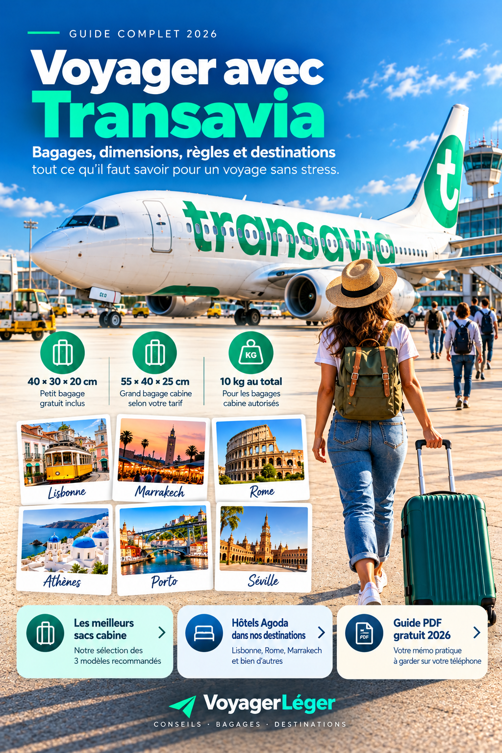 Guide VoyagerLéger Transavia 2026 : dimensions des bagages cabine, poids autorisé et destinations Lisbonne, Rome et Marrakech
