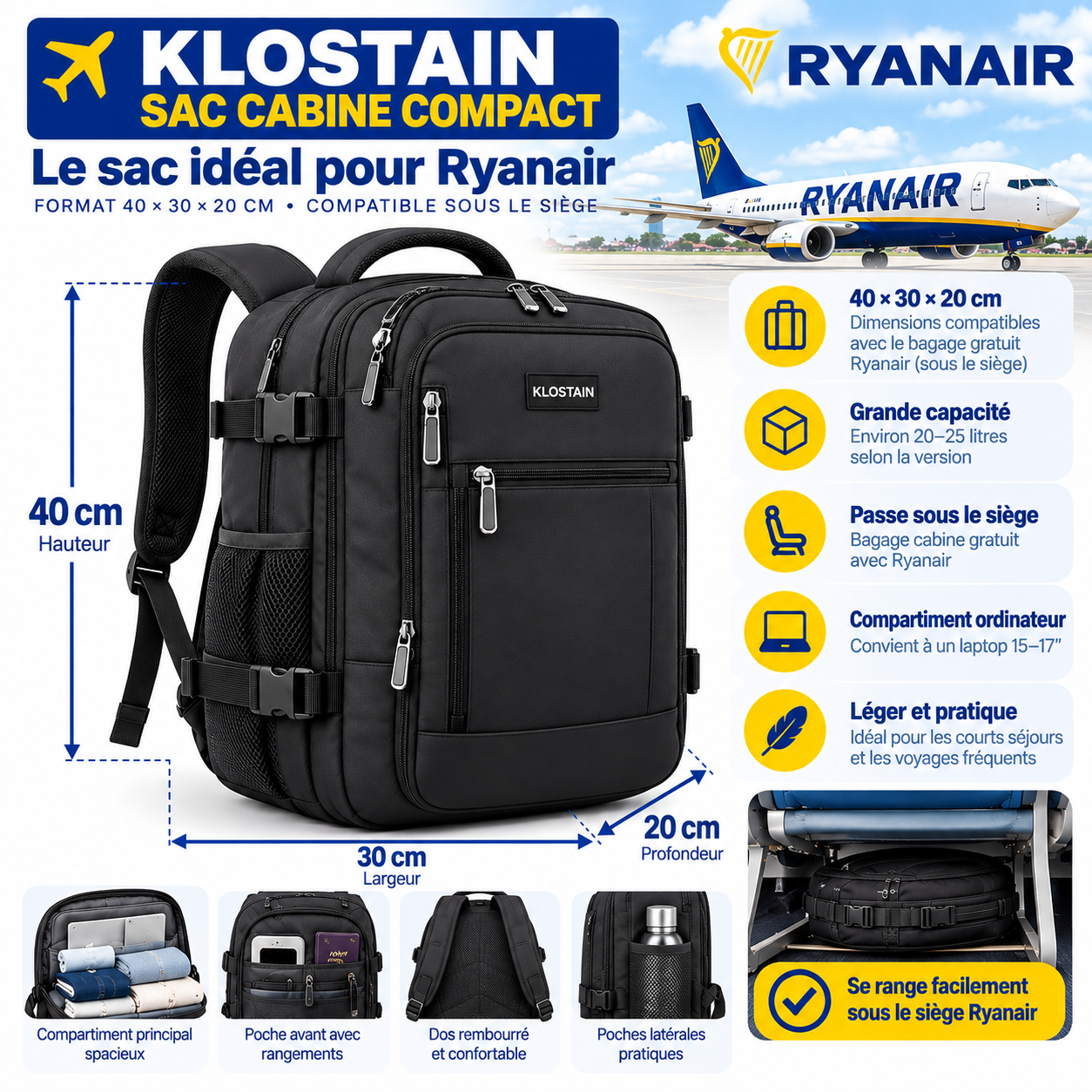 KLOSTAIN sac cabine Ryanair 2026 format 40 × 30 × 20 cm