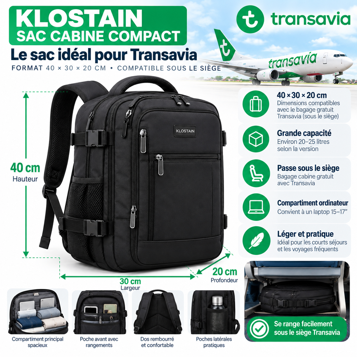 Sac à dos KLOSTAIN pour bagage cabine gratuit Transavia 40 × 30 × 20 cm