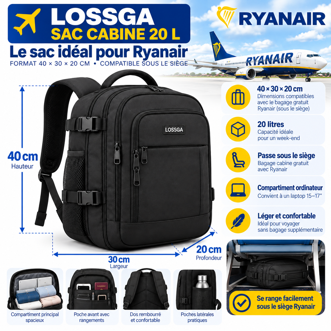 LOSSGA sac cabine de voyage Ryanair 2026 au format 40 × 30 × 20 cm