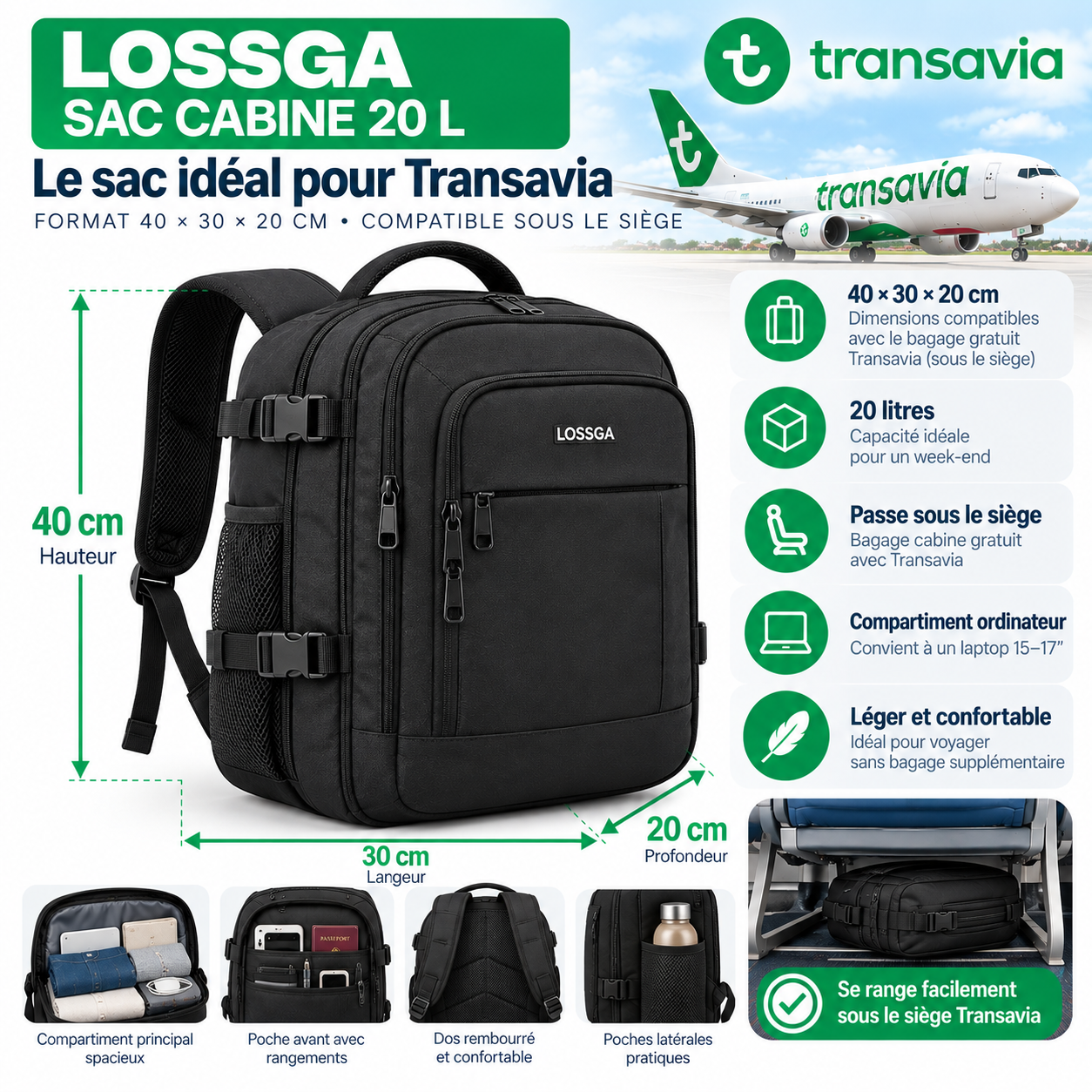 Sac cabine Lossga compact pour voyager avec Transavia 2026