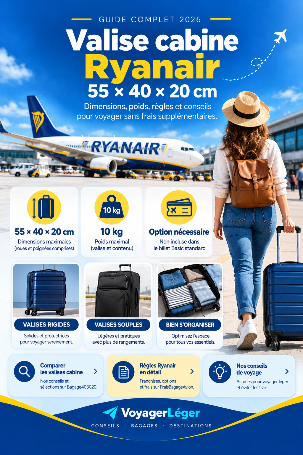 Valise cabine Ryanair 55 × 40 × 20 cm pour un voyage en avion en 2026
