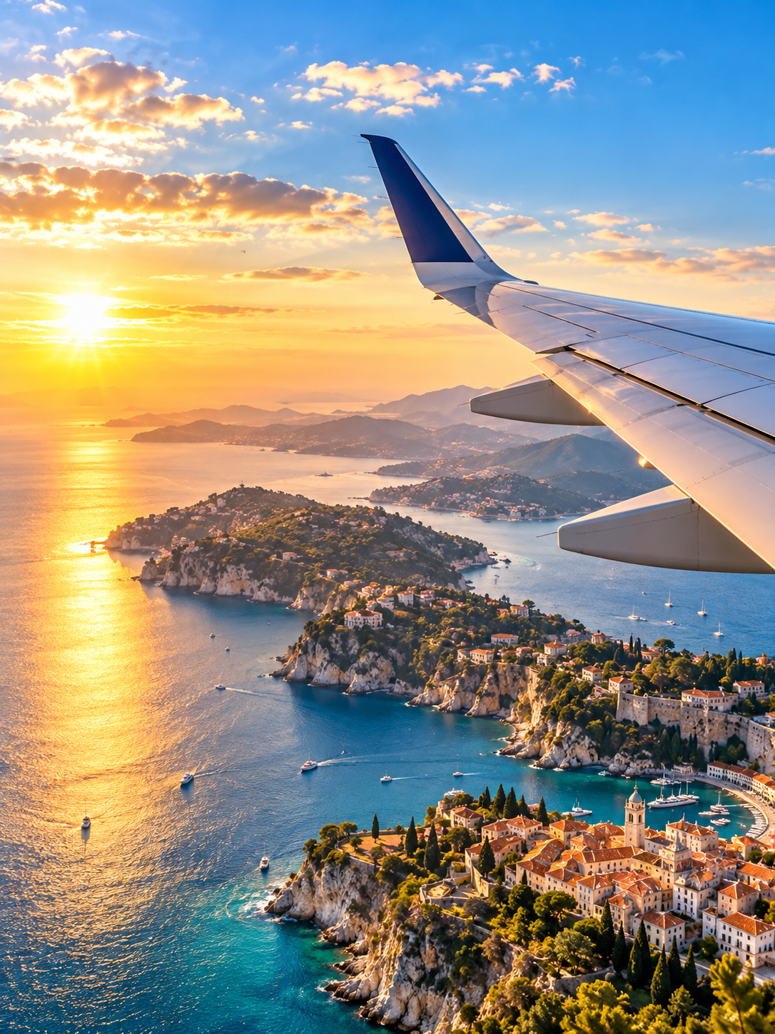 Vue depuis un avion sur la côte méditerranéenne au coucher du soleil, illustrant les guides des compagnies aériennes et bagages cabine 2026 de VoyagerLéger